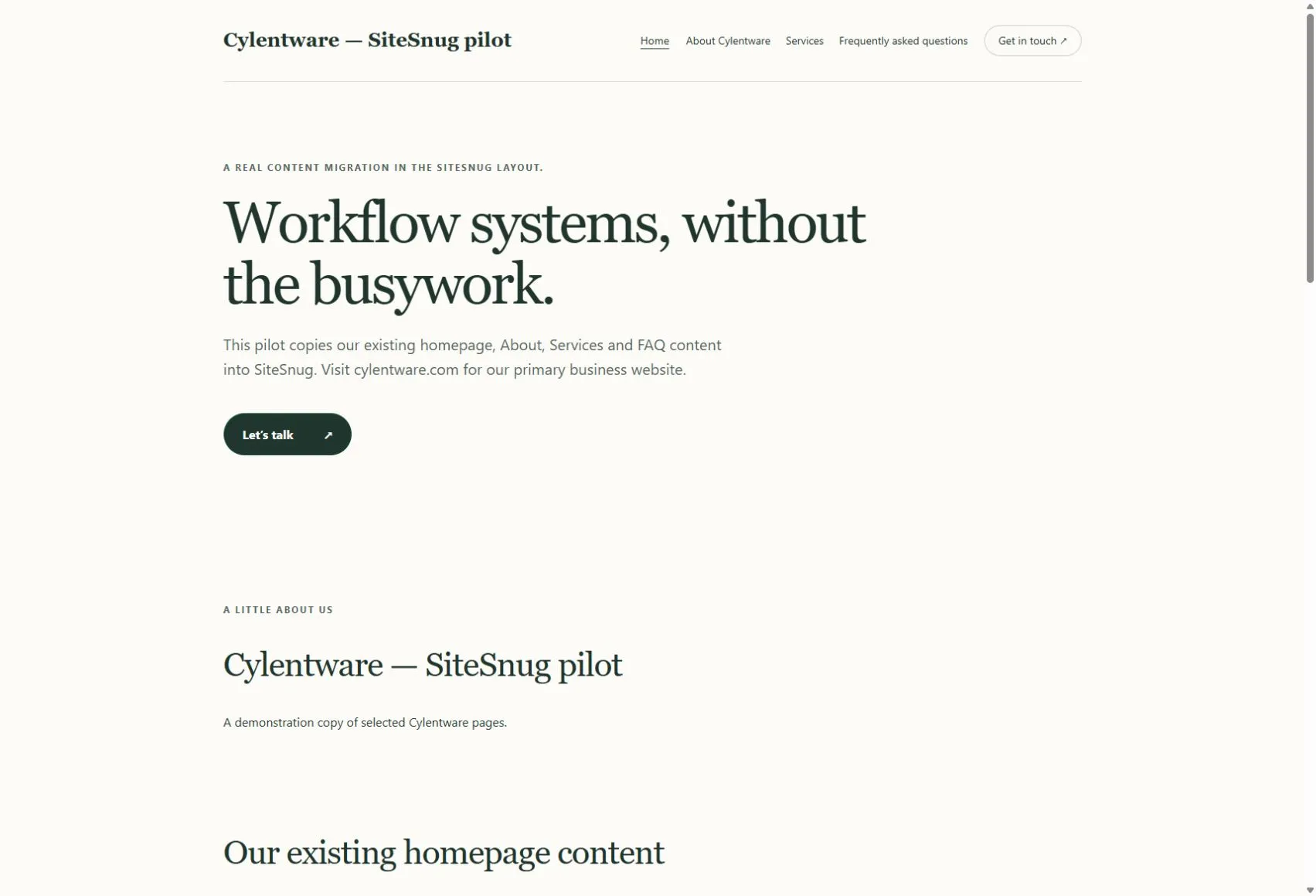 The authenticated SiteSnug release preview for Cylentware's own pilot website