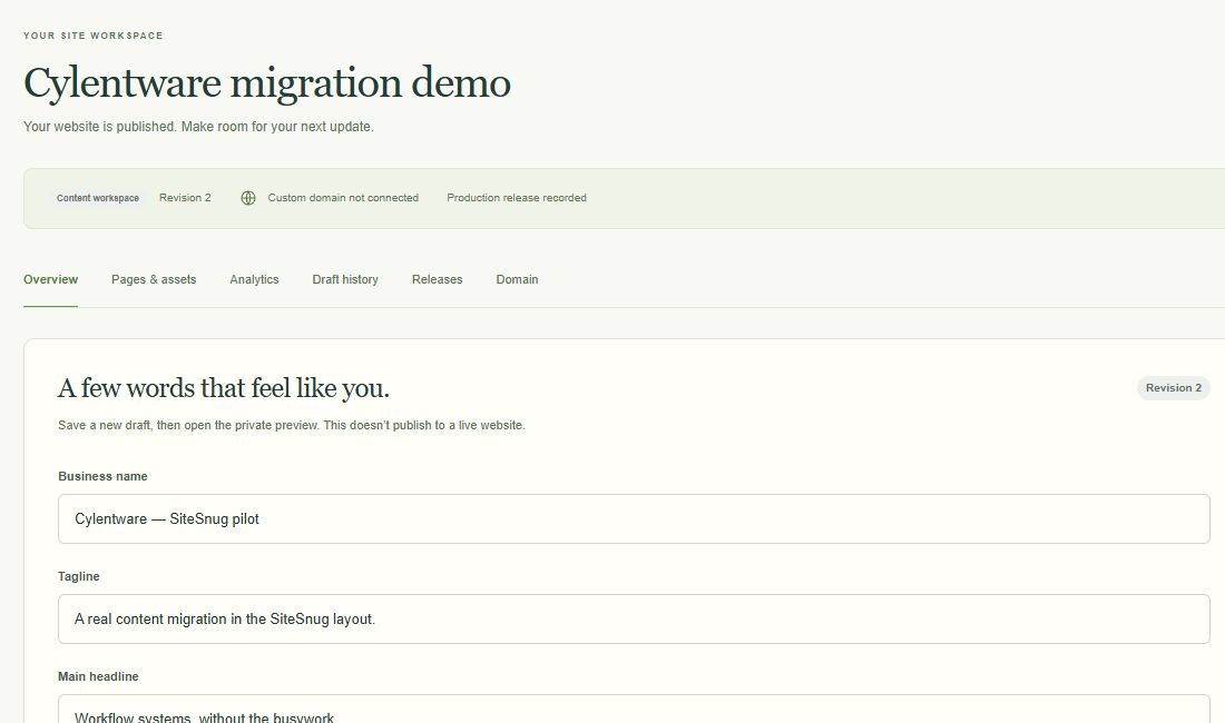 Actual Cylentware pilot in SiteSnug: edit your draft