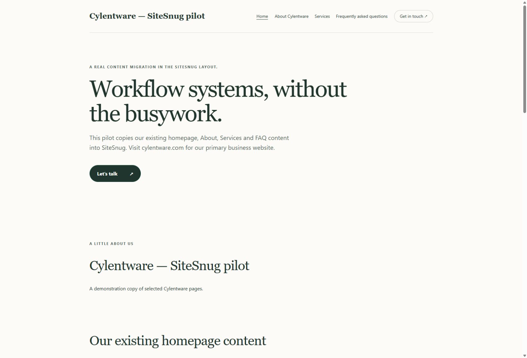 Actual Cylentware pilot in SiteSnug: review the exact release