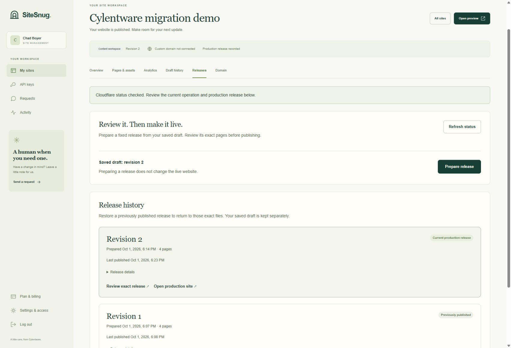 Actual Cylentware pilot in SiteSnug: choose when it goes live